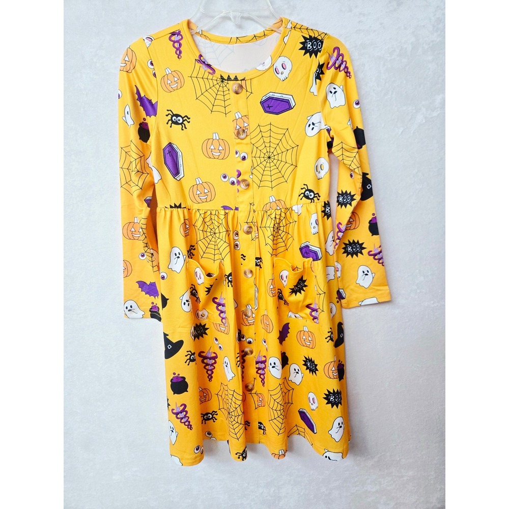 Dalong Clothing Halloween Ghost Pumpkin Button Front Pocket Dress Yellow 130